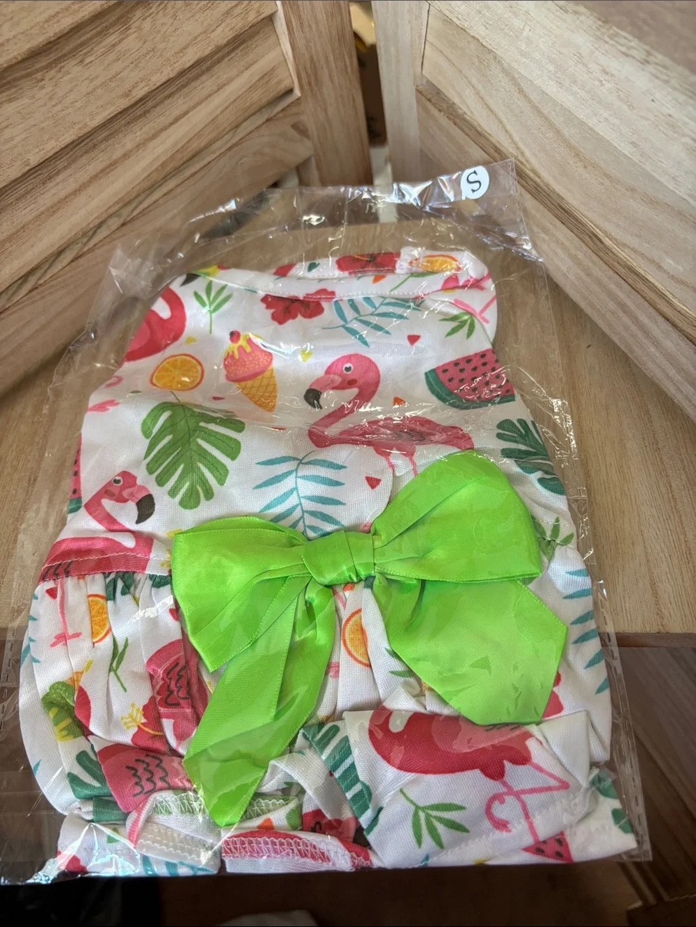 NIP Dog Flamingo Print Dress with Bright Green Bow Small